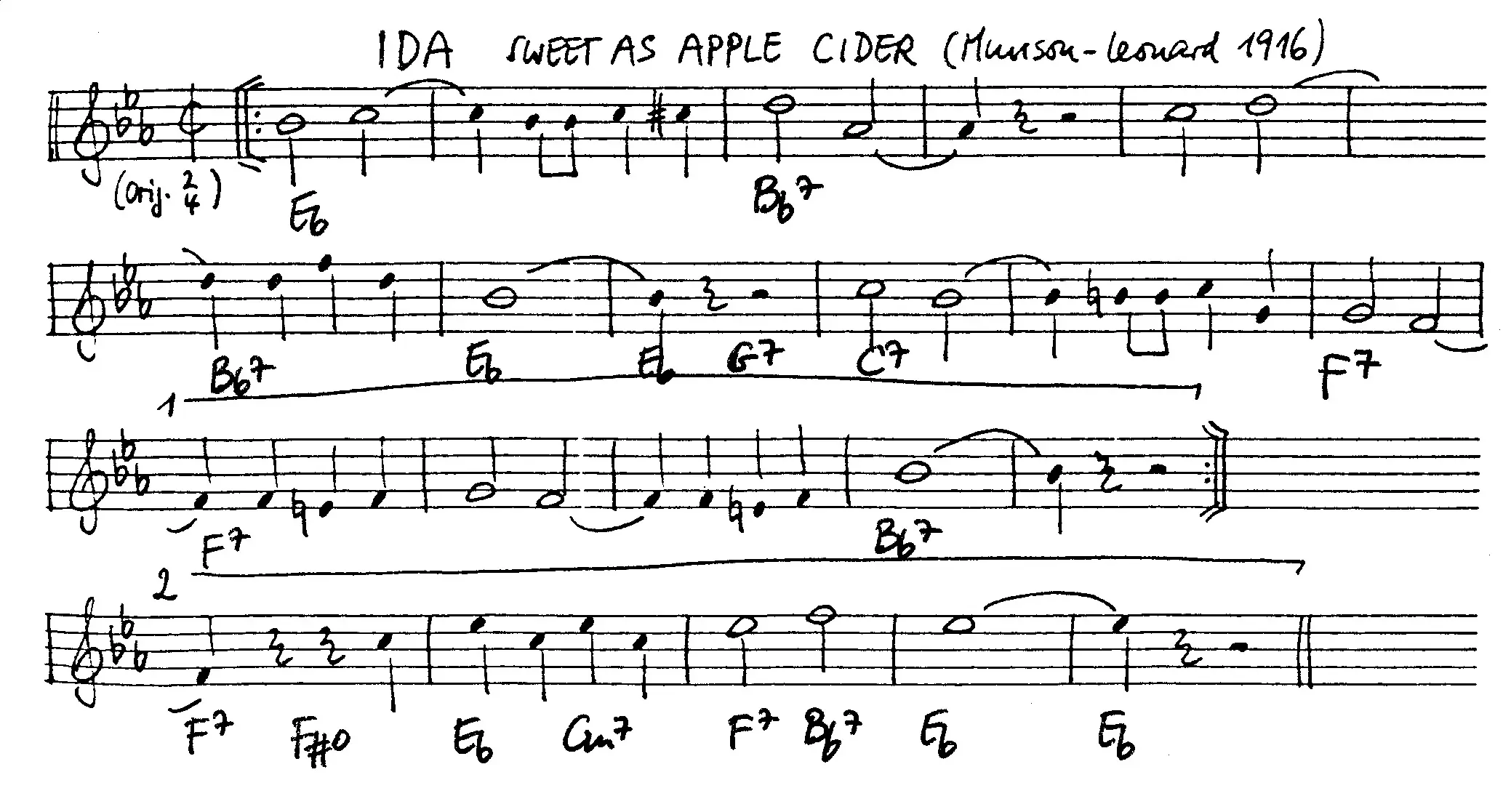 Free Jazz Leadsheet for ida sweet as apple cider, Eb Major ,courtesy of The Jungle Jazz Band